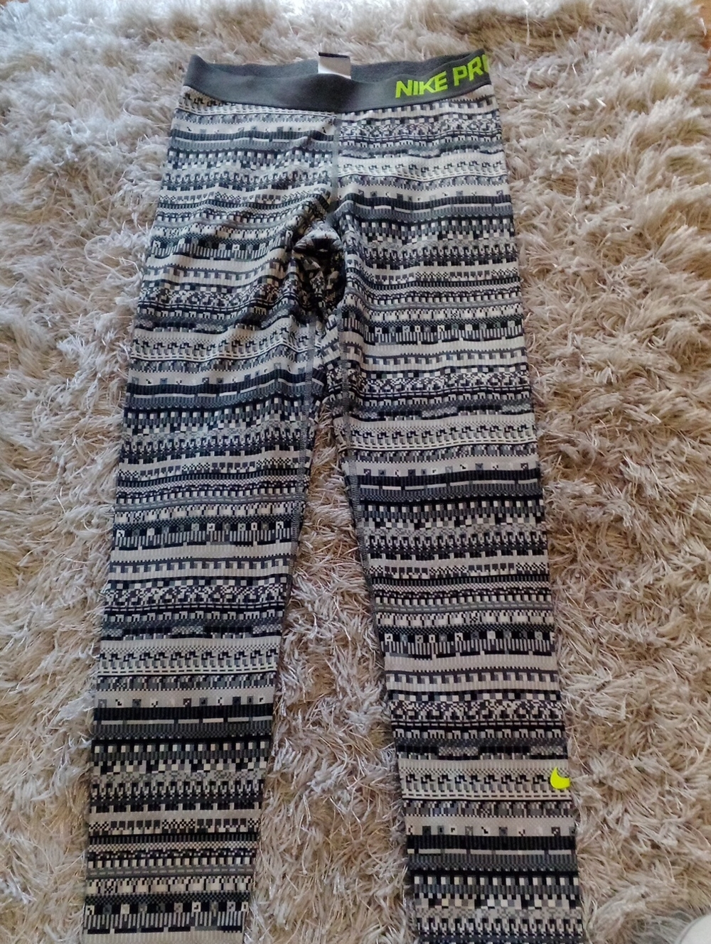 Nike Black & White Patterned Leggings with Neon Yellow Logo (Pro Warm 8 Bit)